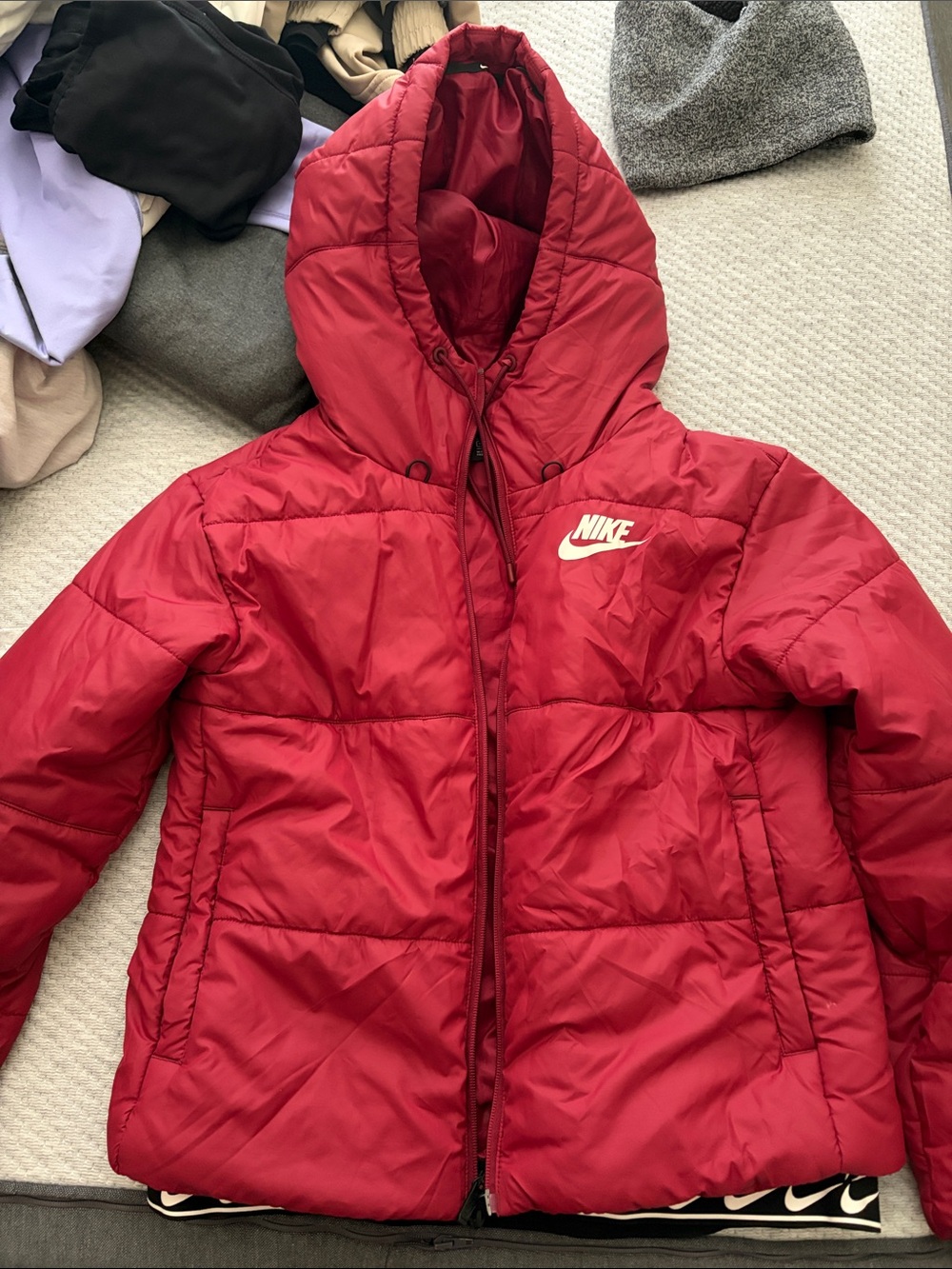 Nike Red Hooded Puffer Jacket with White Swoosh